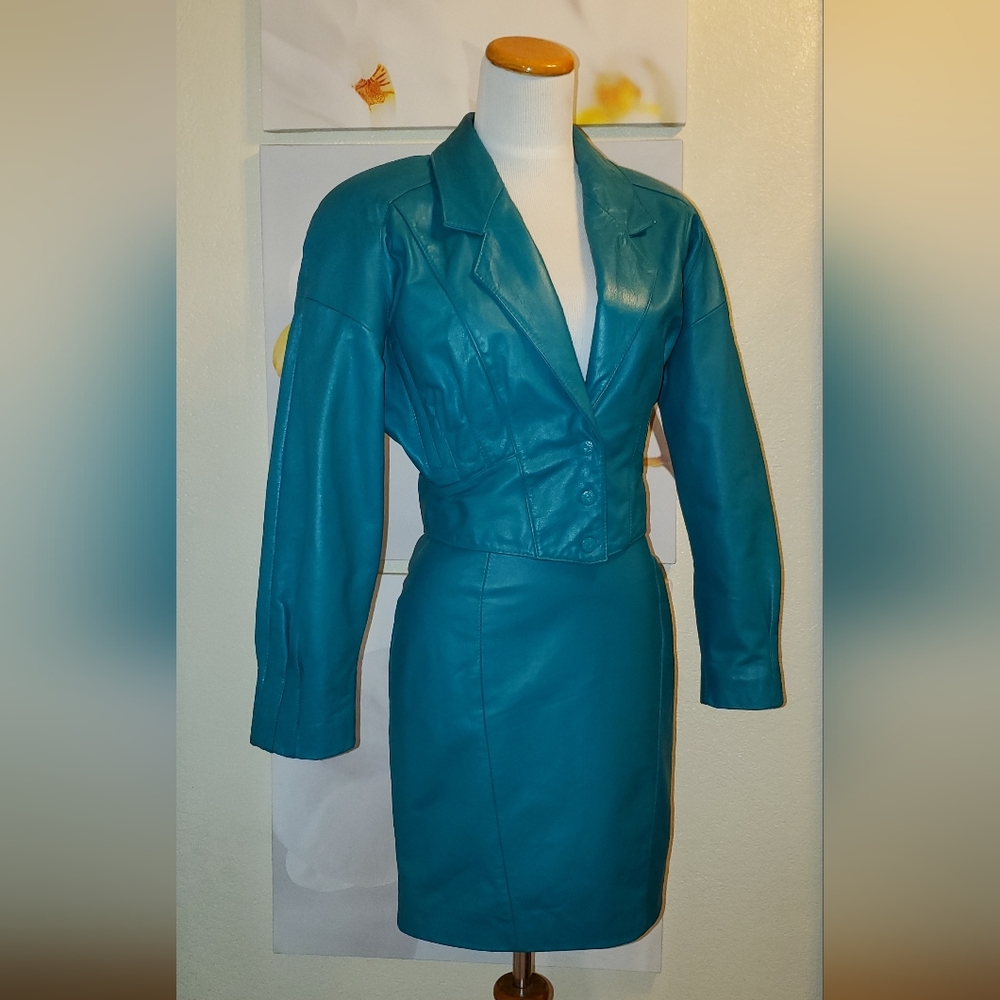 Vintage Teal Leather Jacket & Skirt Suit